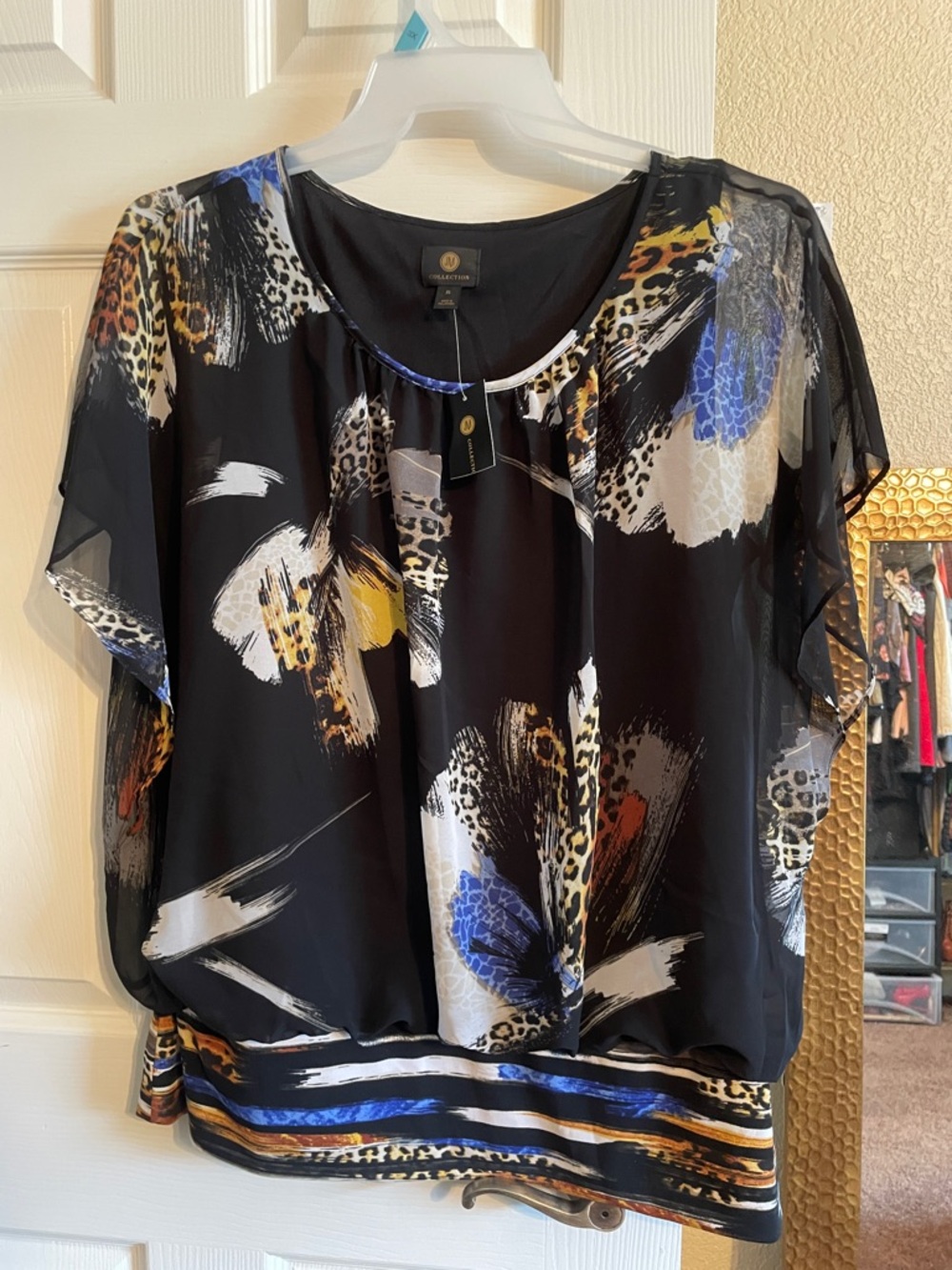 NWT JM Collection Black Floral-Abstract Sheer Blouse with Blue and Gold Accents